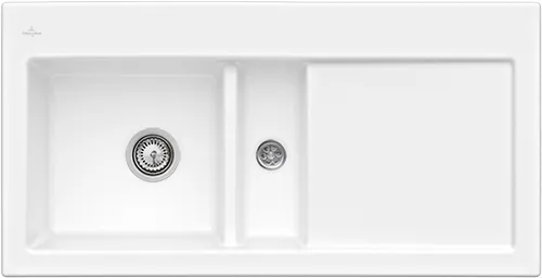 Bild von VILLEROY BOCH Subway 60 Einbauspüle, inklusive Ablaufgarnitur mit Handbetätigung, aus Keramik, 1000 x 510 mm, Weiß Alpin CeramicPlus #677001R1