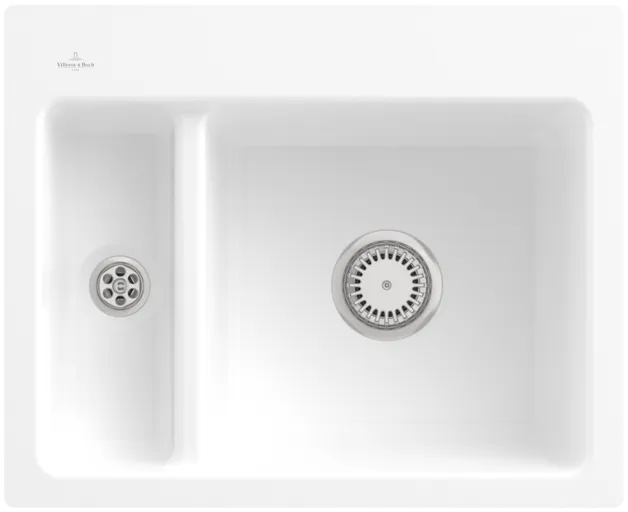 Bild von VILLEROY BOCH Subway 60 XM flat flächenbündige Spüle, inklusive Ablaufgarnitur mit Handbetätigung, aus Keramik, 585 x 475 mm, Stone White CeramicPlus #67801FRW
