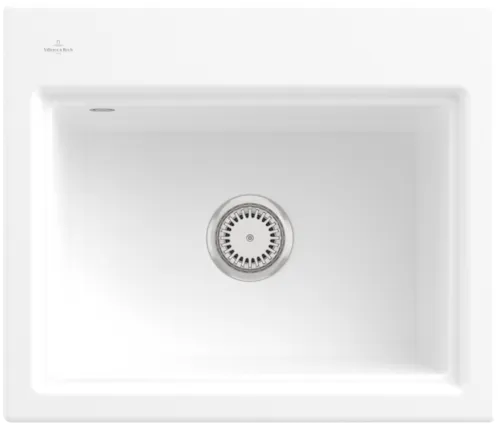 Bild von VILLEROY BOCH Subway Style 60 S Flat flächenbündige Spüle, inklusive Ablaufgarnitur mit Handbetätigung, Abtropfgitter, aus Keramik, 600 x 510 mm, Stone White CeramicPlus #336A1FRW