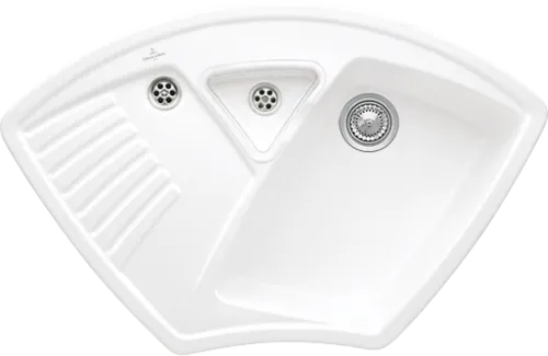 Bild von VILLEROY BOCH Arena Eck Eckspüle, inklusive Resteschale, Ablaufgarnitur mit Handbetätigung, aus Keramik, 975 x 625 mm, Snow White CeramicPlus #672901KG