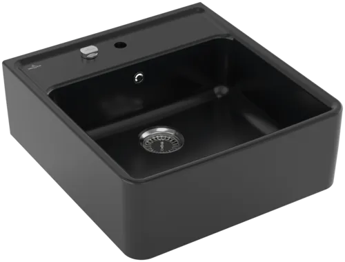 Bild von VILLEROY BOCH Spülstein Einzelbecken Spülstein Einzelbecken, inklusive Ablaufgarnitur mit Excenterbetätigung, Befestigungsset, aus Keramik, 595 x 630 mm, Pure Black #632062R7