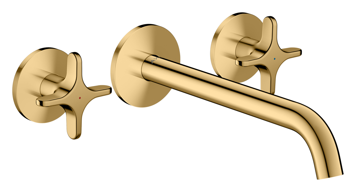 Bild von HANSGROHE AXOR One 3-Loch Waschtischarmatur Unterputz für Wandmontage mit Auslauf 220 mm und Kreuzgriffen #48140990 - Polished Gold Optic