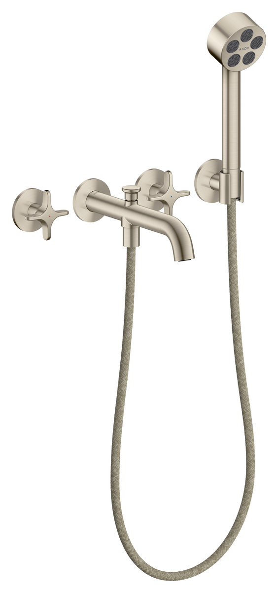 Bild von HANSGROHE AXOR One 3-Loch Wannenarmatur Unterputz für Wandmontage mit Kreuzgriffen und Handbrause #48443820 - Brushed Nickel