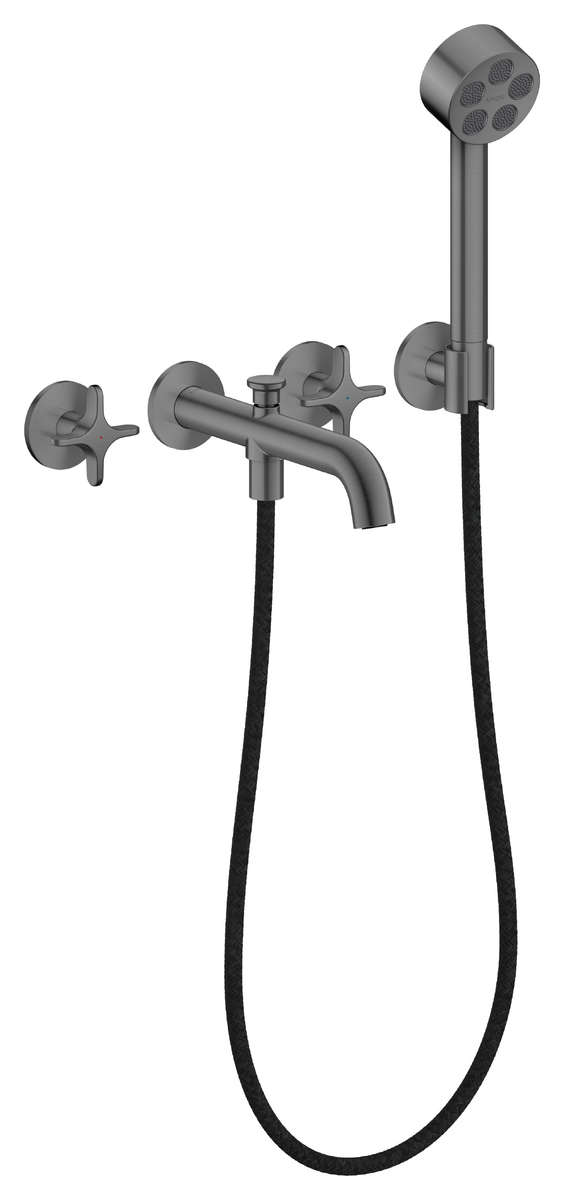 Bild von HANSGROHE AXOR One 3-Loch Wannenarmatur Unterputz für Wandmontage mit Kreuzgriffen und Handbrause #48443340 - Brushed Black Chrome