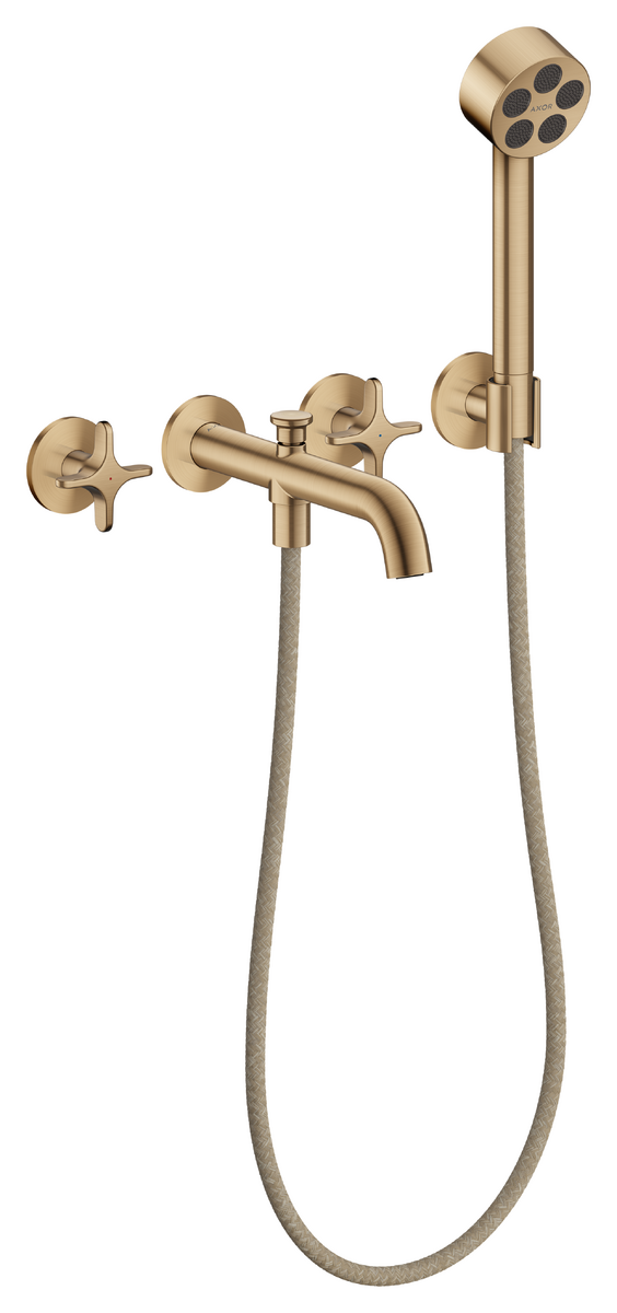 Bild von HANSGROHE AXOR One 3-Loch Wannenarmatur Unterputz für Wandmontage mit Kreuzgriffen und Handbrause #48443140 - Brushed Bronze