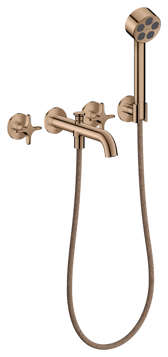 Bild von HANSGROHE AXOR One 3-Loch Wannenarmatur Unterputz für Wandmontage mit Kreuzgriffen und Handbrause #48443300 - Polished Red Gold