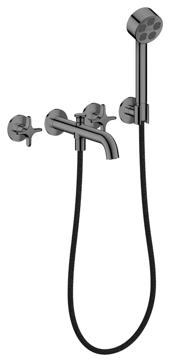 Bild von HANSGROHE AXOR One 3-Loch Wannenarmatur Unterputz für Wandmontage mit Kreuzgriffen und Handbrause #48443330 - Polished Black Chrome