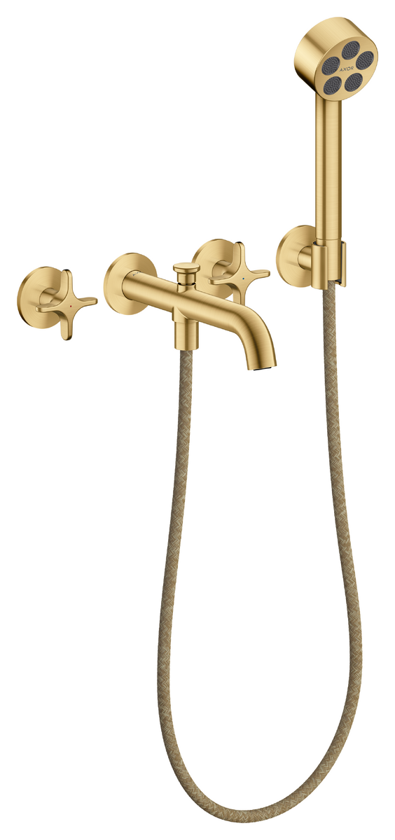 Bild von HANSGROHE AXOR One 3-Loch Wannenarmatur Unterputz für Wandmontage mit Kreuzgriffen und Handbrause #48443250 - Brushed Gold Optic