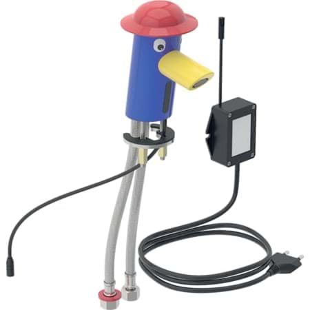 Picture of GEBERIT Bambini washbasin tap, mains operation, multicolour Hat: carmine red Body: ultramarine blue Spout: traffic yellow #577660000