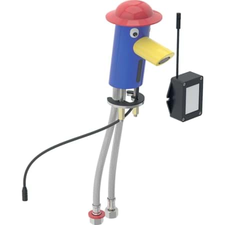 Picture of GEBERIT Bambini basin mixer battery-operated, multi-coloured #577650000 - Hat: carmine red Body: ultramarine blue Spout: rapeseed yellow