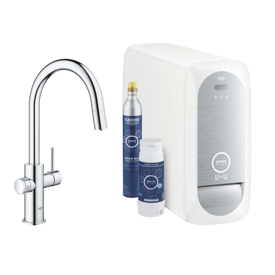 Bild von GROHE Blue Home C-Auslauf Starter Kit mit herausziehbarem Mousseurauslauf #31541000 - chrom