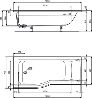 Bild von IDEAL STANDARD Connect Air Raumspar-Badewanne 1695x795mm #E113401 - Weiß (Alpin)