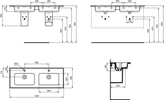 Picture of IDEAL STANDARD Strada II furniture double washbasin 1240x460mm, with 1 tap hole per washbasin, with overflow hole (slotted) #T300501 - White (Alpine)