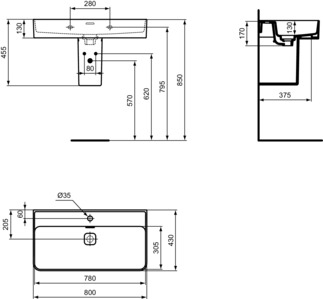 Obrázek IDEAL STANDARD Umyvadlo Strada II 800x430 mm, s 1 otvorem pro baterii, s otvorem pro přepad (štěrbinové) #T3001MA - Bílá (Alpine) s Ideal Plus