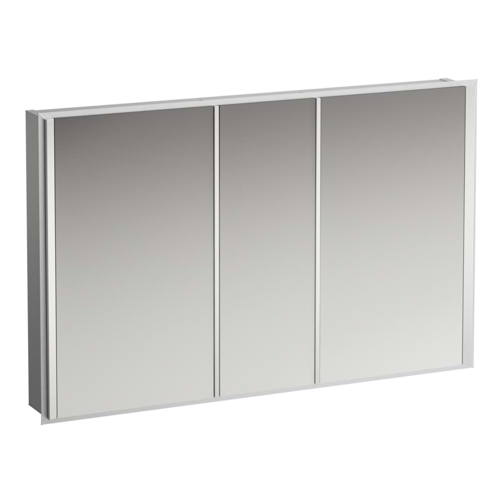 Bild von LAUFEN FRAME 25 Spiegelschrank, 1200 mm, Aluminium, 3 Türen innen und außen verspiegelt, mit Sensorschalter, 2 Steckdosen, 4 vertikale LED Beleuchtungselemente (dimmbar), Ambientelicht (nach unten) 1200 x 150 x 750 mm #H4088549001441 - 144 - Spiegel