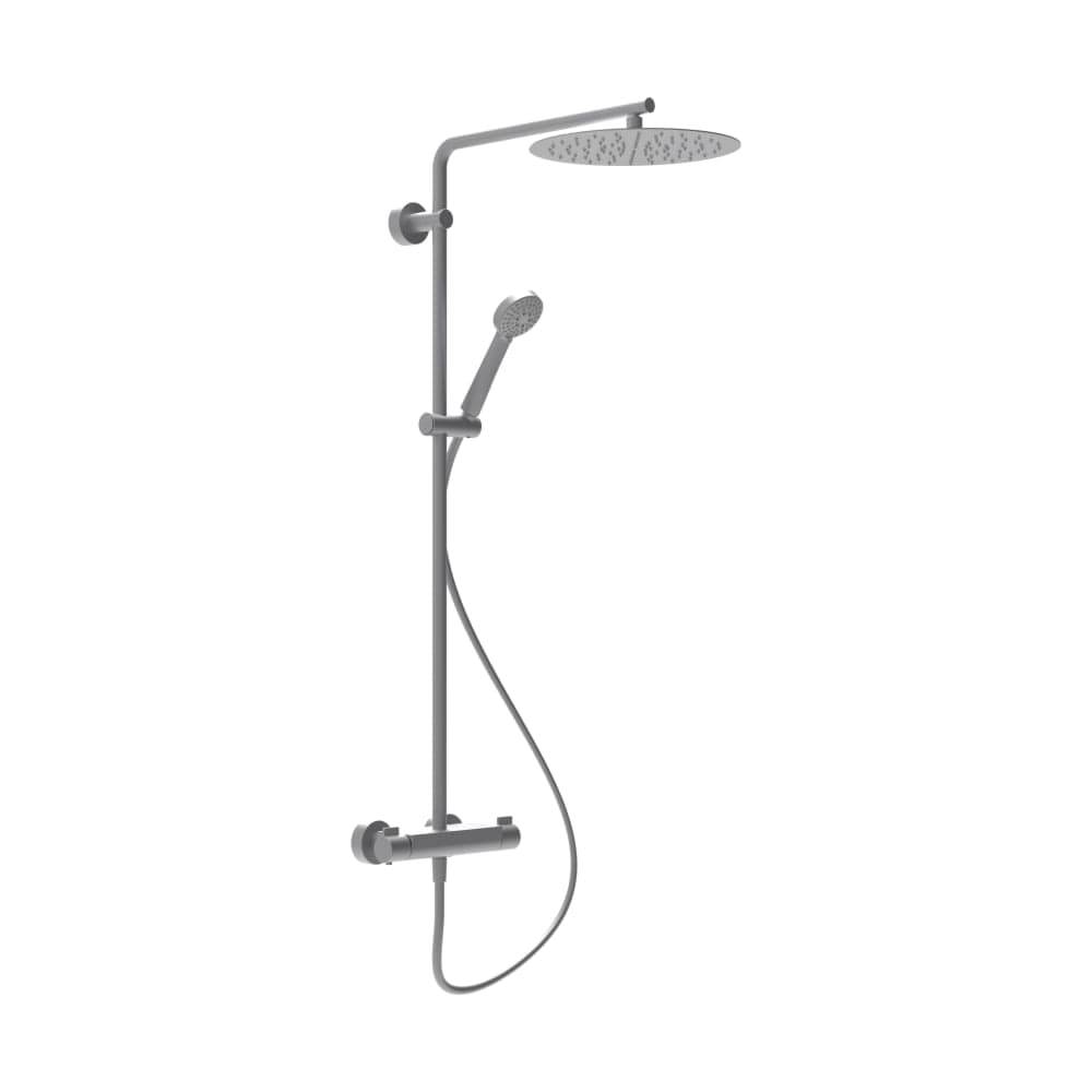Obrázek LAUFEN Vivid Sprchový sloup, termostatická baterie, tenká hlavová sprcha s dešťovým efektem 300 mm, sprchová syntetická hadice 1500 mm a ruční sprcha, PVD inox broušená ocel #HF905452423630