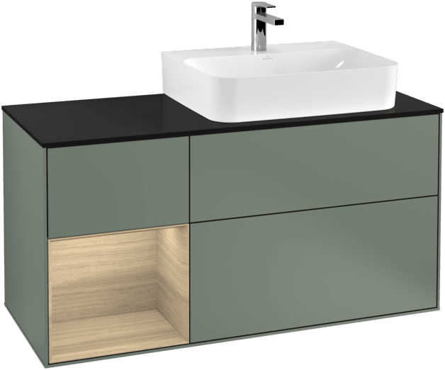 Bild von VILLEROY BOCH Finion Waschbeckenunterschrank, mit Beleuchtung, 3 Auszüge, 1200 x 603 x 501 mm, Olive Matt Lacquer / Oak Veneer / Glass Black Matt #F142PCGM