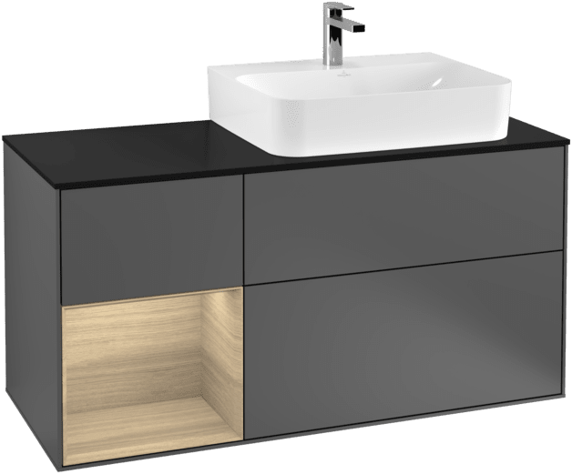 Bild von VILLEROY BOCH Finion Waschbeckenunterschrank, mit Beleuchtung, 3 Auszüge, 1200 x 603 x 501 mm, Anthracite Matt Lacquer / Oak Veneer / Glass Black Matt #F142PCGK