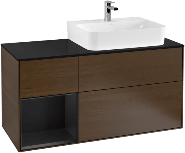 Bild von VILLEROY BOCH Finion Waschbeckenunterschrank, mit Beleuchtung, 3 Auszüge, 1200 x 603 x 501 mm, Walnut Veneer / Black Matt Lacquer / Glass Black Matt #F142PDGN