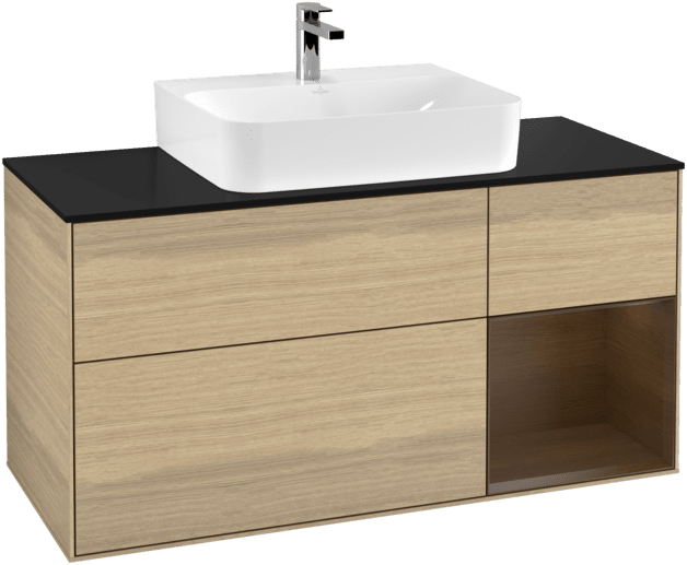 Bild von VILLEROY BOCH Finion Waschbeckenunterschrank, mit Beleuchtung, 3 Auszüge, 1200 x 603 x 501 mm, Oak Veneer / Walnut Veneer / Glass Black Matt #F172GNPC