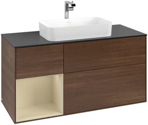 Bild von VILLEROY BOCH Finion Waschbeckenunterschrank, mit Beleuchtung, 3 Auszüge, 1200 x 603 x 501 mm, Walnut Veneer / Silk Grey Matt Lacquer / Glass Black Matt #F292HJGN