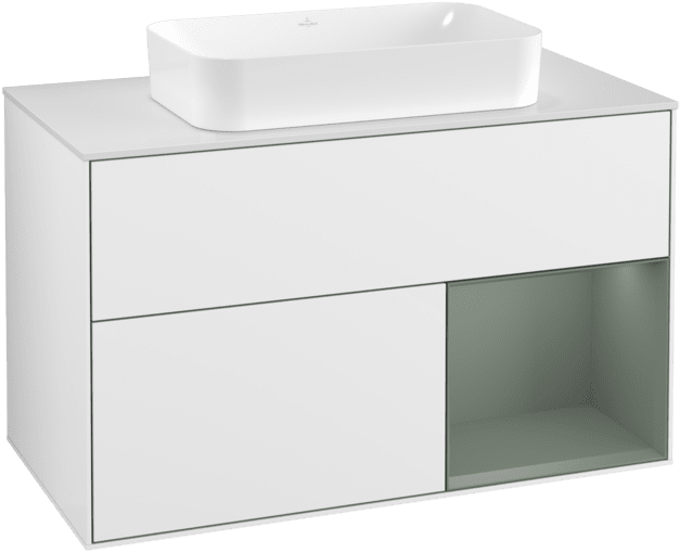 Bild von VILLEROY BOCH Finion Waschbeckenunterschrank, mit Beleuchtung, 2 Auszüge, 1000 x 603 x 501 mm, Glossy White Lacquer / Olive Matt Lacquer / Glass White Matt #F251GMGF