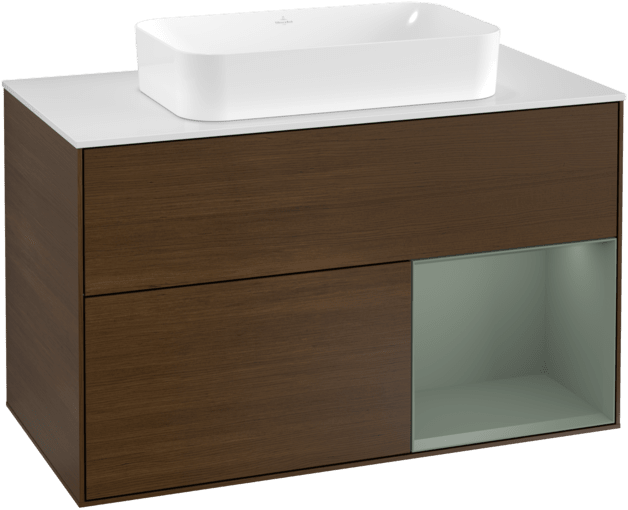 Bild von VILLEROY BOCH Finion Waschbeckenunterschrank, mit Beleuchtung, 2 Auszüge, 1000 x 603 x 501 mm, Walnut Veneer / Olive Matt Lacquer / Glass White Matt #F251GMGN