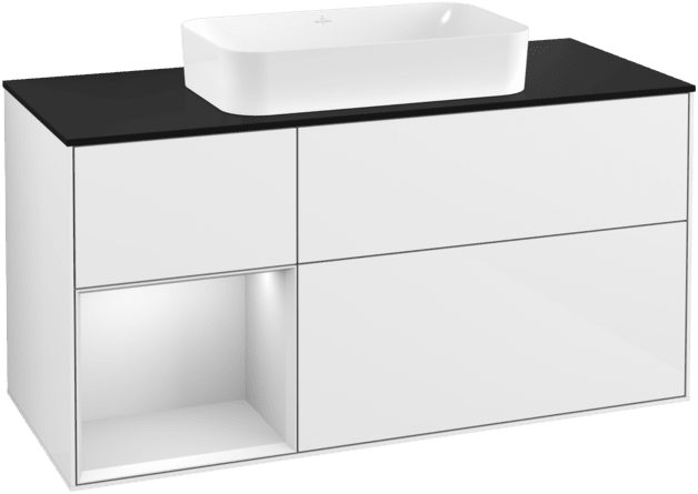 Bild von VILLEROY BOCH Finion Waschbeckenunterschrank, mit Beleuchtung, 3 Auszüge, 1200 x 603 x 501 mm, Glossy White Lacquer / White Matt Lacquer / Glass Black Matt #F292MTGF