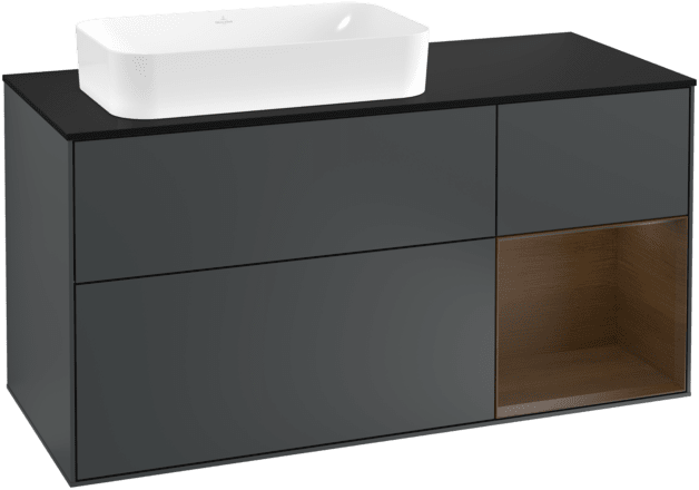 Bild von VILLEROY BOCH Finion Waschbeckenunterschrank, mit Beleuchtung, 3 Auszüge, 1200 x 603 x 501 mm, Midnight Blue Matt Lacquer / Walnut Veneer / Glass Black Matt #F282GNHG