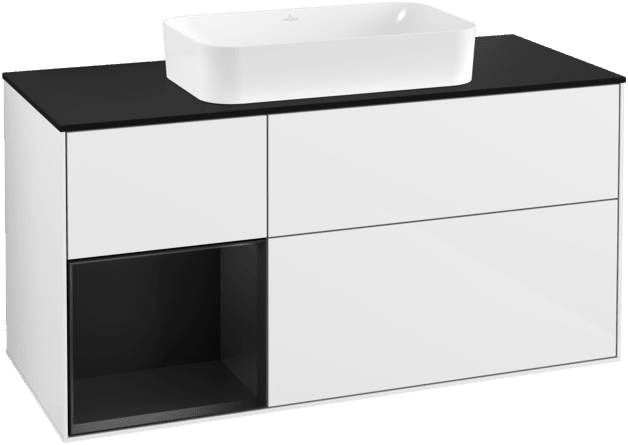 Bild von VILLEROY BOCH Finion Waschbeckenunterschrank, mit Beleuchtung, 3 Auszüge, 1200 x 603 x 501 mm, Glossy White Lacquer / Black Matt Lacquer / Glass Black Matt #F292PDGF