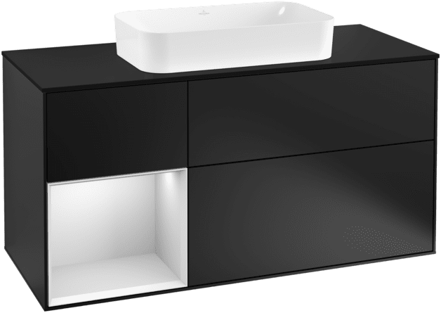 Bild von VILLEROY BOCH Finion Waschbeckenunterschrank, mit Beleuchtung, 3 Auszüge, 1200 x 603 x 501 mm, Black Matt Lacquer / White Matt Lacquer / Glass Black Matt #F292MTPD