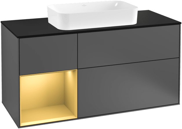 Bild von VILLEROY BOCH Finion Waschbeckenunterschrank, mit Beleuchtung, 3 Auszüge, 1200 x 603 x 501 mm, Anthracite Matt Lacquer / Gold Matt Lacquer / Glass Black Matt #F292HFGK