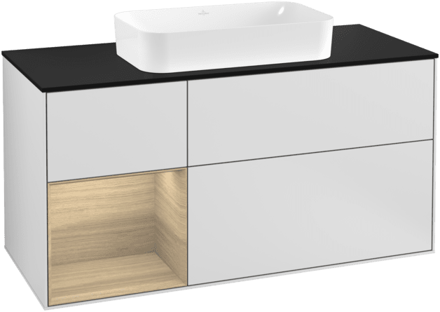 Bild von VILLEROY BOCH Finion Waschbeckenunterschrank, mit Beleuchtung, 3 Auszüge, 1200 x 603 x 501 mm, White Matt Lacquer / Oak Veneer / Glass Black Matt #F292PCMT