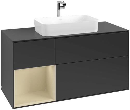 Bild von VILLEROY BOCH Finion Waschbeckenunterschrank, mit Beleuchtung, 3 Auszüge, 1200 x 603 x 501 mm, Black Matt Lacquer / Silk Grey Matt Lacquer / Glass Black Matt #F292HJPD