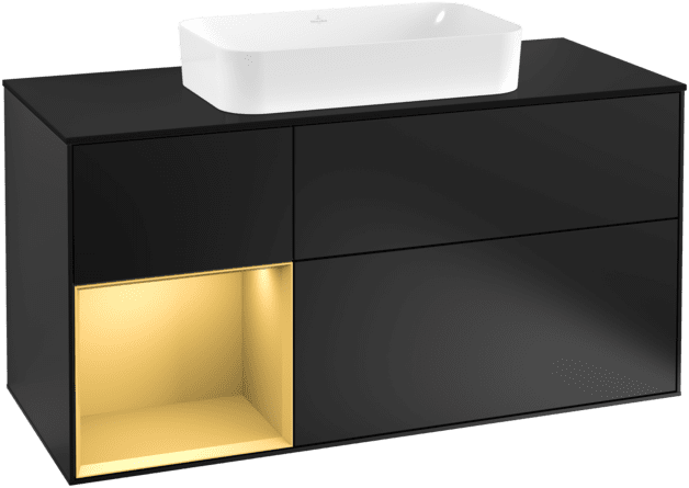 Obrázek VILLEROY BOCH Toaletní skříňka Finion, s osvětlením, 3 výsuvy, 1200 x 603 x 501 mm, černý matný lak / zlatý matný lak / černé matné sklo #F292HFPD