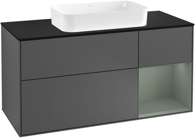 Bild von VILLEROY BOCH Finion Waschbeckenunterschrank, mit Beleuchtung, 3 Auszüge, 1200 x 603 x 501 mm, Anthracite Matt Lacquer / Olive Matt Lacquer / Glass Black Matt #F302GMGK
