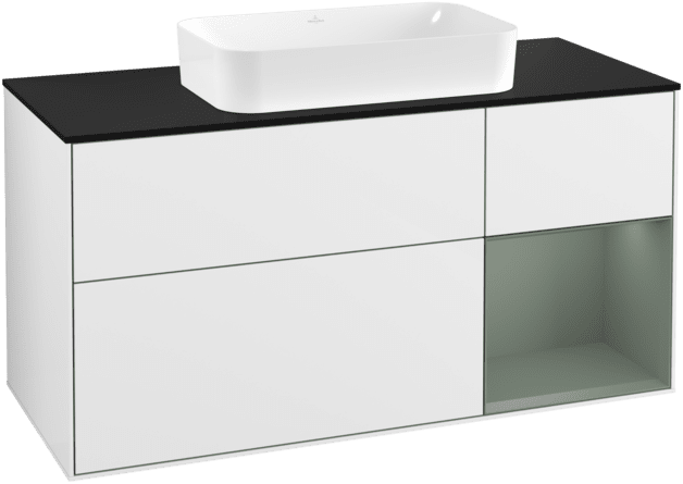 Bild von VILLEROY BOCH Finion Waschbeckenunterschrank, mit Beleuchtung, 3 Auszüge, 1200 x 603 x 501 mm, Glossy White Lacquer / Olive Matt Lacquer / Glass Black Matt #F302GMGF
