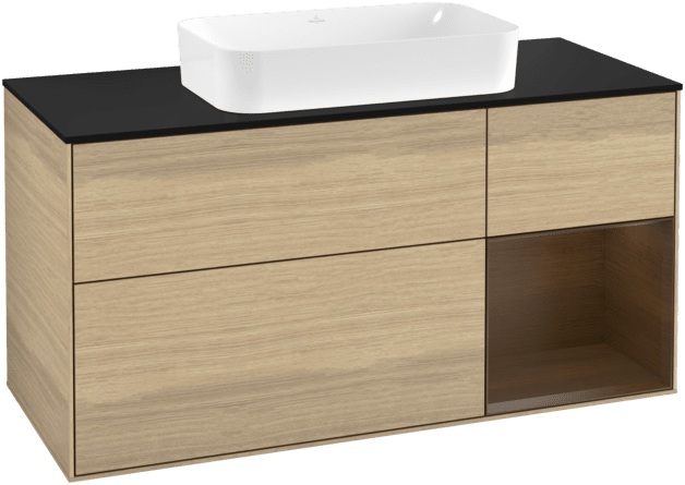 Obrázek VILLEROY BOCH Toaletní stolek Finion, s osvětlením, 3 výsuvy, 1200 x 603 x 501 mm, dubová dýha / ořechová dýha / sklo černé matné #F302GNPC