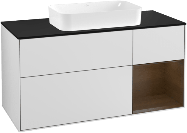 Bild von VILLEROY BOCH Finion Waschbeckenunterschrank, mit Beleuchtung, 3 Auszüge, 1200 x 603 x 501 mm, White Matt Lacquer / Walnut Veneer / Glass Black Matt #F302GNMT
