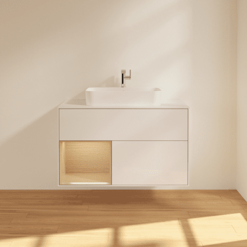 Bild von VILLEROY BOCH Finion Waschbeckenunterschrank, mit Beleuchtung, 2 Auszüge, 1000 x 603 x 501 mm, Glossy White Lacquer / Oak Veneer / Glass White Matt #F361PCGF