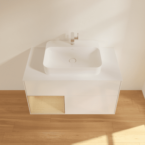 Bild von VILLEROY BOCH Finion Waschbeckenunterschrank, mit Beleuchtung, 2 Auszüge, 1000 x 603 x 501 mm, Glossy White Lacquer / Oak Veneer / Glass White Matt #F361PCGF