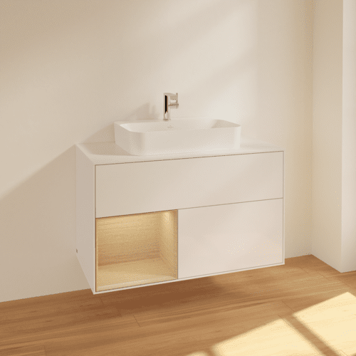 Bild von VILLEROY BOCH Finion Waschbeckenunterschrank, mit Beleuchtung, 2 Auszüge, 1000 x 603 x 501 mm, Glossy White Lacquer / Oak Veneer / Glass White Matt #F361PCGF