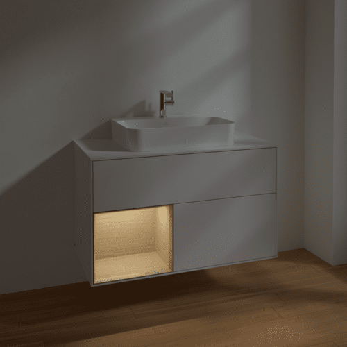 Bild von VILLEROY BOCH Finion Waschbeckenunterschrank, mit Beleuchtung, 2 Auszüge, 1000 x 603 x 501 mm, Glossy White Lacquer / Oak Veneer / Glass White Matt #F361PCGF