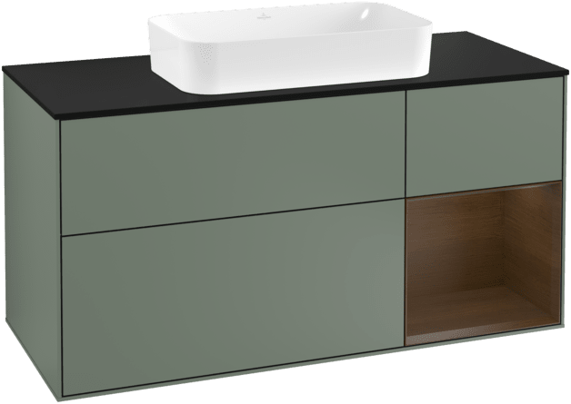 Bild von VILLEROY BOCH Finion Waschbeckenunterschrank, mit Beleuchtung, 3 Auszüge, 1200 x 603 x 501 mm, Olive Matt Lacquer / Walnut Veneer / Glass Black Matt #F302GNGM