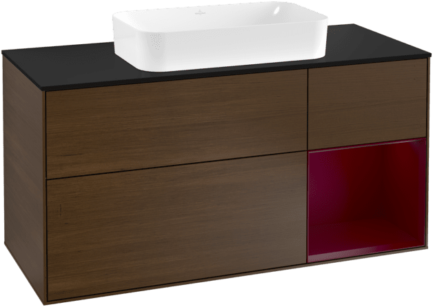 Bild von VILLEROY BOCH Finion Waschbeckenunterschrank, mit Beleuchtung, 3 Auszüge, 1200 x 603 x 501 mm, Walnut Veneer / Peony Matt Lacquer / Glass Black Matt #F302HBGN