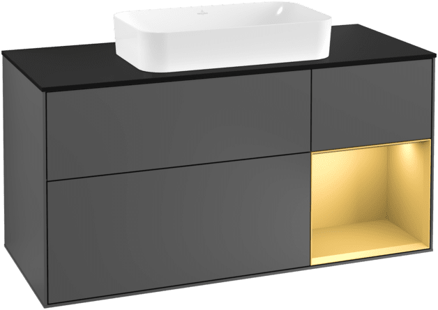 Bild von VILLEROY BOCH Finion Waschbeckenunterschrank, mit Beleuchtung, 3 Auszüge, 1200 x 603 x 501 mm, Anthracite Matt Lacquer / Gold Matt Lacquer / Glass Black Matt #F302HFGK