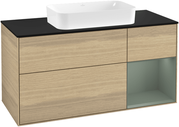 Bild von VILLEROY BOCH Finion Waschbeckenunterschrank, mit Beleuchtung, 3 Auszüge, 1200 x 603 x 501 mm, Oak Veneer / Olive Matt Lacquer / Glass Black Matt #F302GMPC