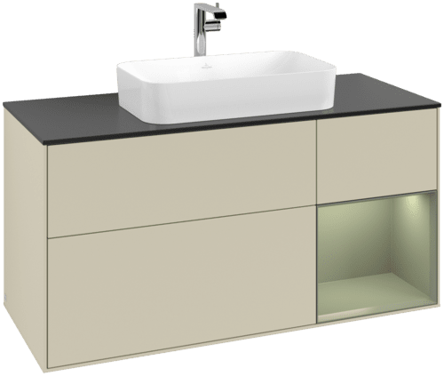 Bild von VILLEROY BOCH Finion Waschbeckenunterschrank, mit Beleuchtung, 3 Auszüge, 1200 x 603 x 501 mm, Silk Grey Matt Lacquer / Olive Matt Lacquer / Glass Black Matt #F302GMHJ