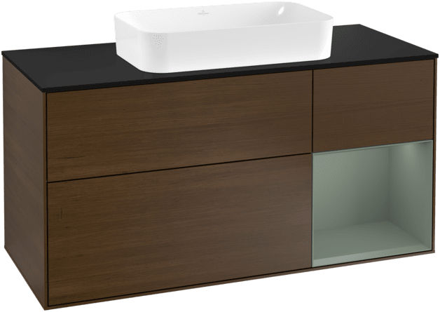 Bild von VILLEROY BOCH Finion Waschbeckenunterschrank, mit Beleuchtung, 3 Auszüge, 1200 x 603 x 501 mm, Walnut Veneer / Olive Matt Lacquer / Glass Black Matt #F302GMGN