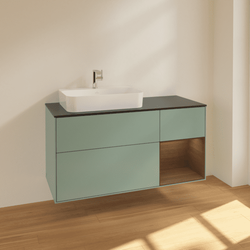 Bild von VILLEROY BOCH Finion Waschbeckenunterschrank, mit Beleuchtung, 3 Auszüge, 1200 x 603 x 501 mm, Olive Matt Lacquer / Walnut Veneer / Glass Black Matt #F402GNGM